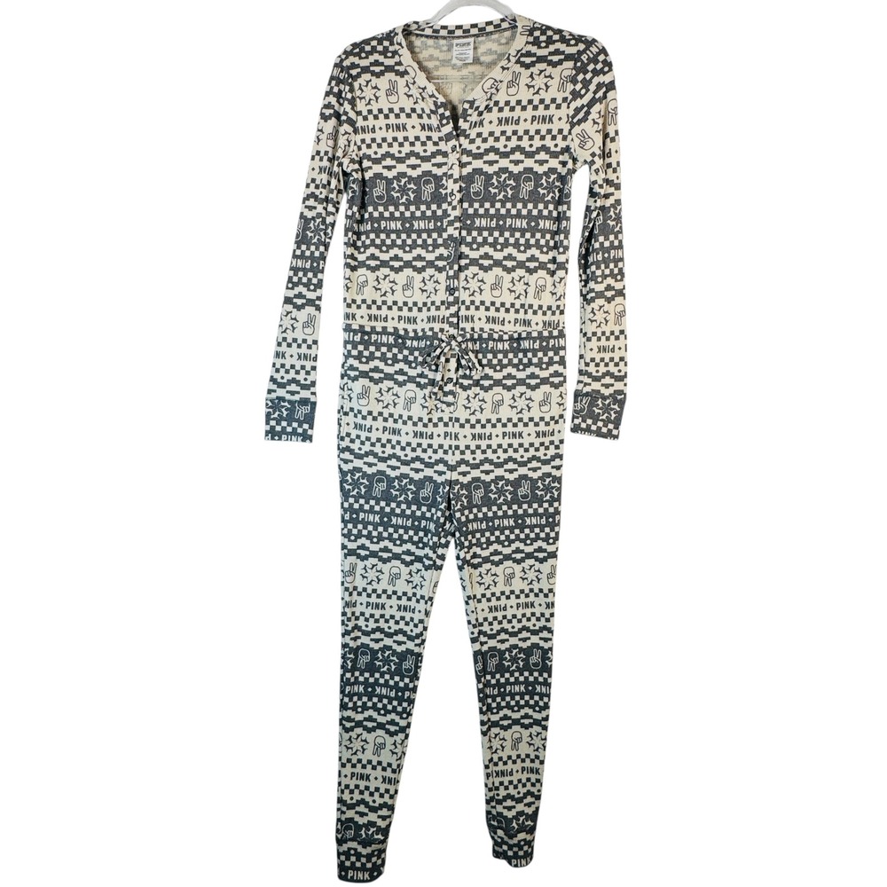 PINK Victoria's Secret XS Pajama Jumpsuit One Piece Sleepwear Peace Sign Thermal